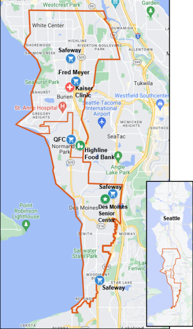 A map of the Burien/Des Moines Service Area. The Burien/Des Moines Service Area is defined as north to SW Roxbury St, west to the waterfront, east following the city limits of SeaTac/Tukwila and Kent, and south following the city limits of Federal Way.