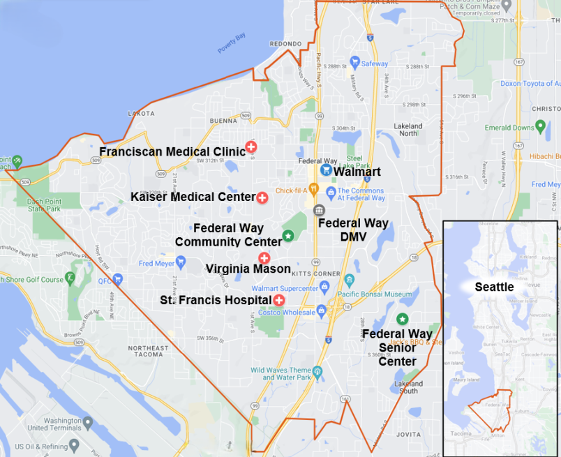 A map of the Federal Way Service Area. The Federal Way Service Area is defined as the city limits of Federal Way plus two unincorporated areas of King County east of Federal Way city limits: (1) north to S 272nd, east to 51st Ave S and south to 320th; (2) north to Hwy 18, east to Military Rd S, west to Enchanted Parkway and south to junction of Military Rd S and Enchanted Parkway, to include the Federal Way Senior Center (In Auburn).