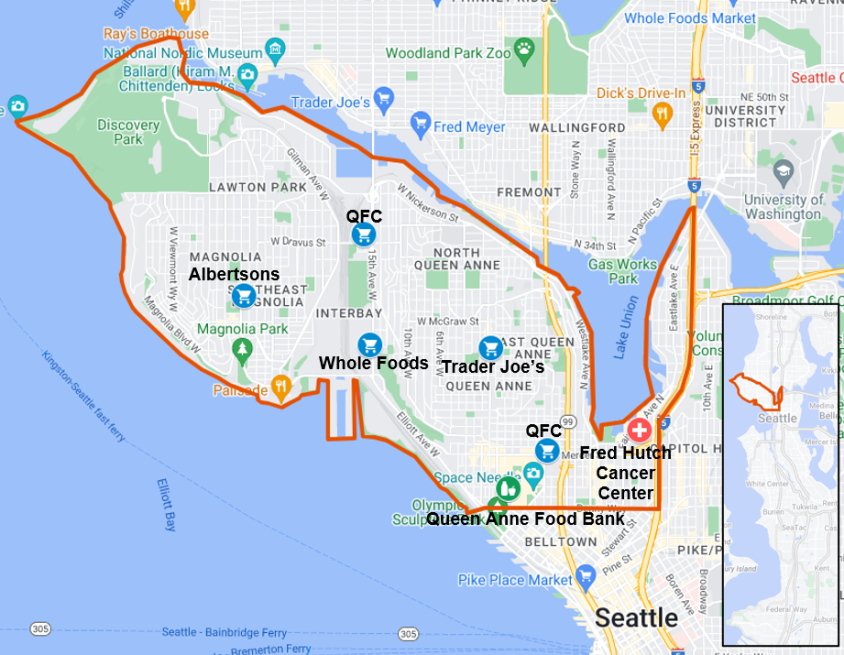 A map of the Queen Anne/Magnolia Service Area. The Queen Anne/Magnolia Service Area is defined as anywhere within the Queen Anne, Magnolia, Interbay, and South Lake Union neighborhoods of Seattle, east to I-5.