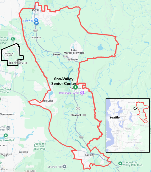 A map of the Sno-Valley Service Area. The Sno-Valley Service Area is defined as the Snoqualmie Valley cities of Carnation, Duvall, Fall City, and unincorporated surrounding areas.