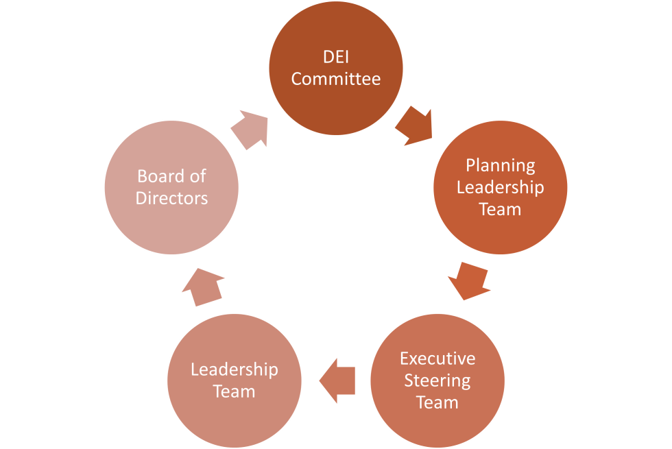Circular chart illustrating Sound Generations’ organizational decision-making process, showing the DEI Committee, Planning Leadership Team, Executive Steering Team, Leadership Team, and Board of Directors working together to guide programs and services for older adults in King County
